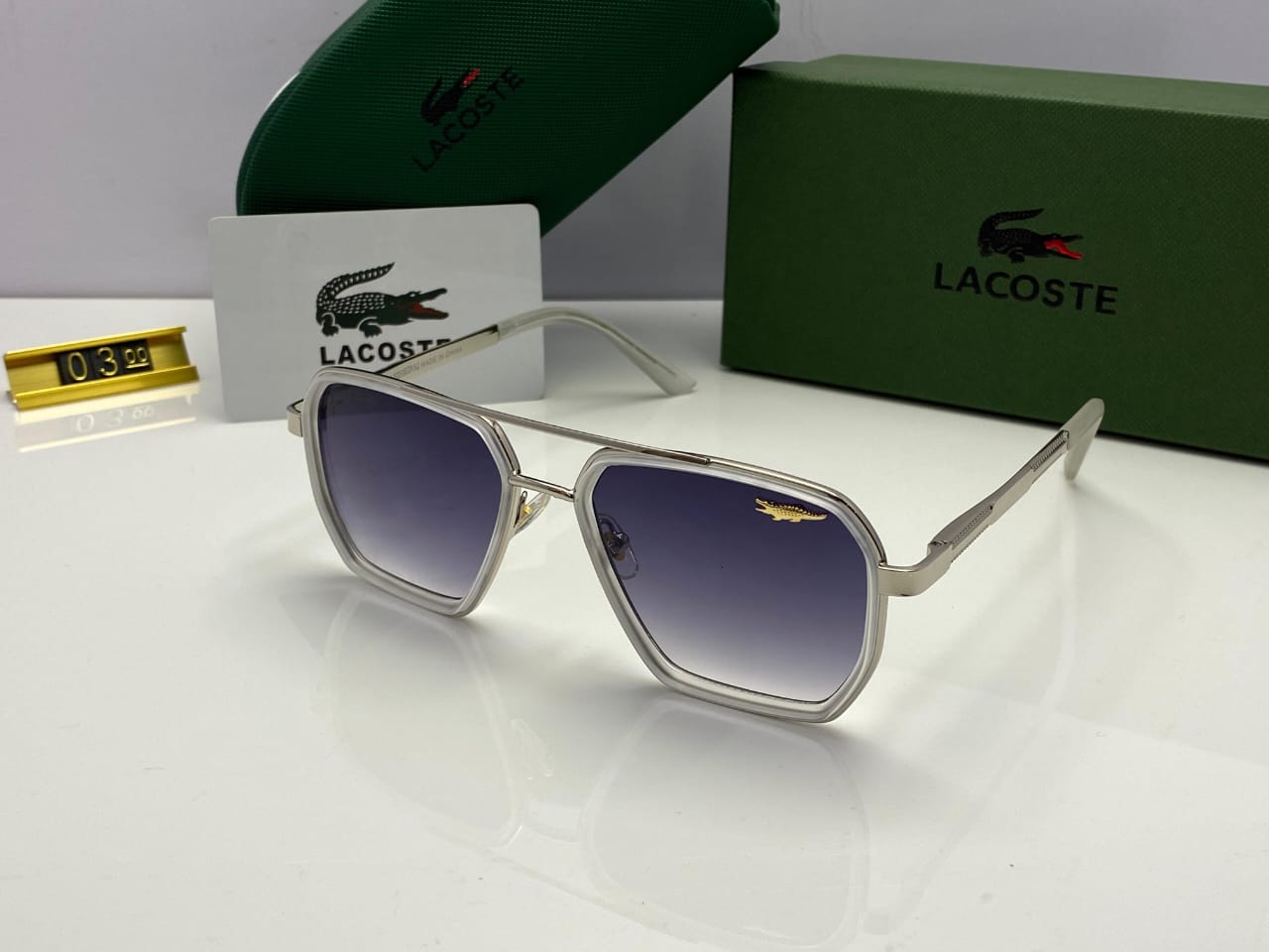 Lacoste Hex Sunglasses Silver Frame | Gradient Black Lenses | White Accent