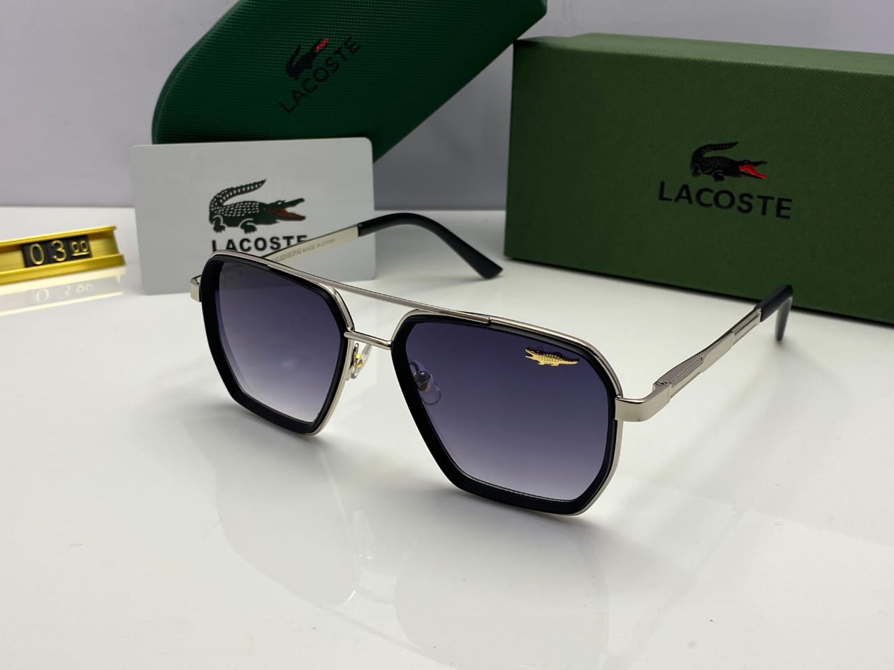 Lacoste Hex Sunglasses Silver Frame | Gradient Black Lenses | Black Accent