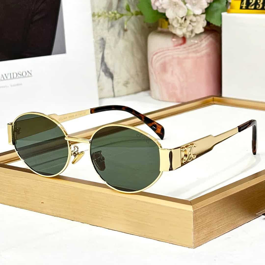 Celine Oval Sunglasses Gold Frame | Black Lenses | Glossy Brown and dotted black temple