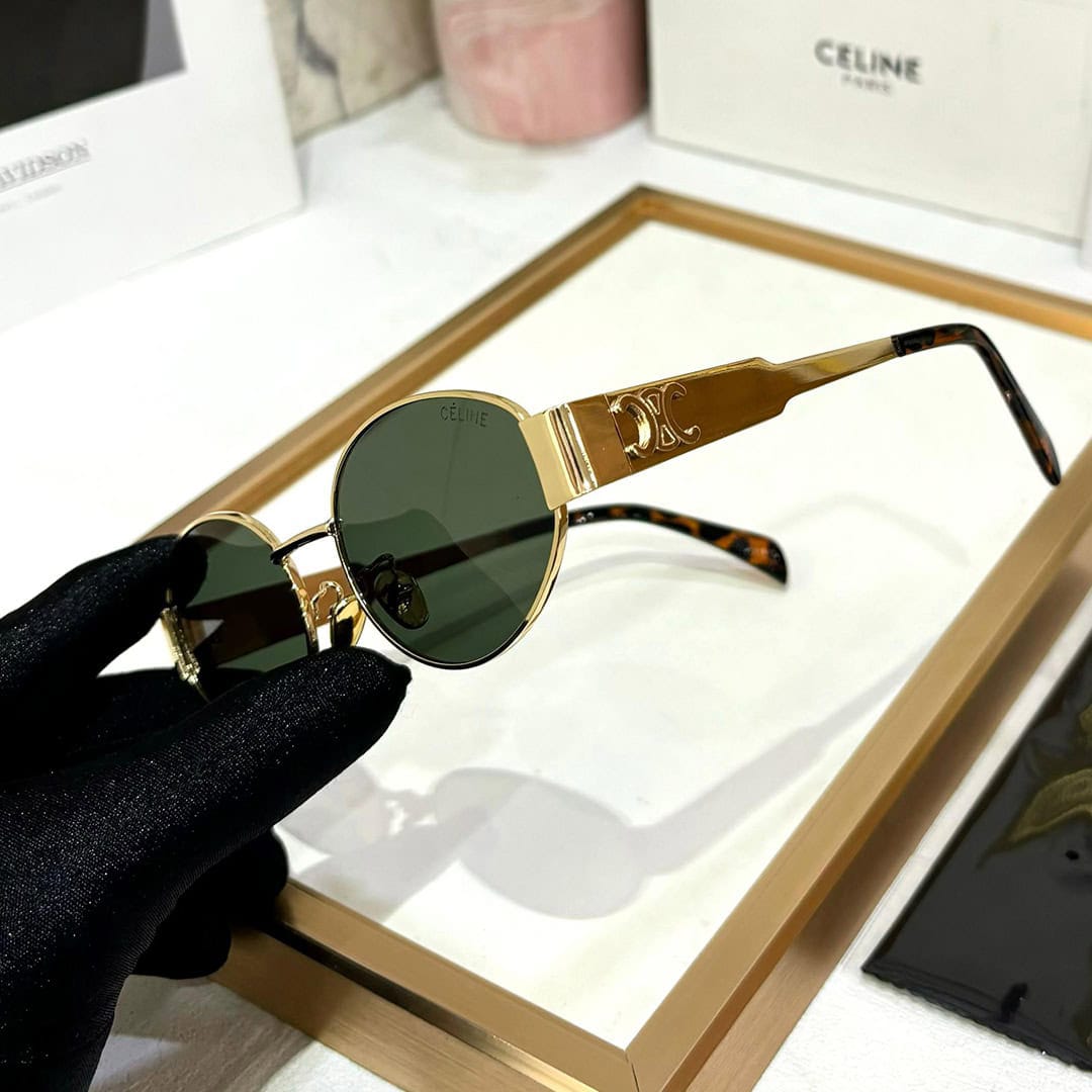 Celine Oval Sunglasses Gold Frame | Black Lenses | Glossy Brown and dotted black temple