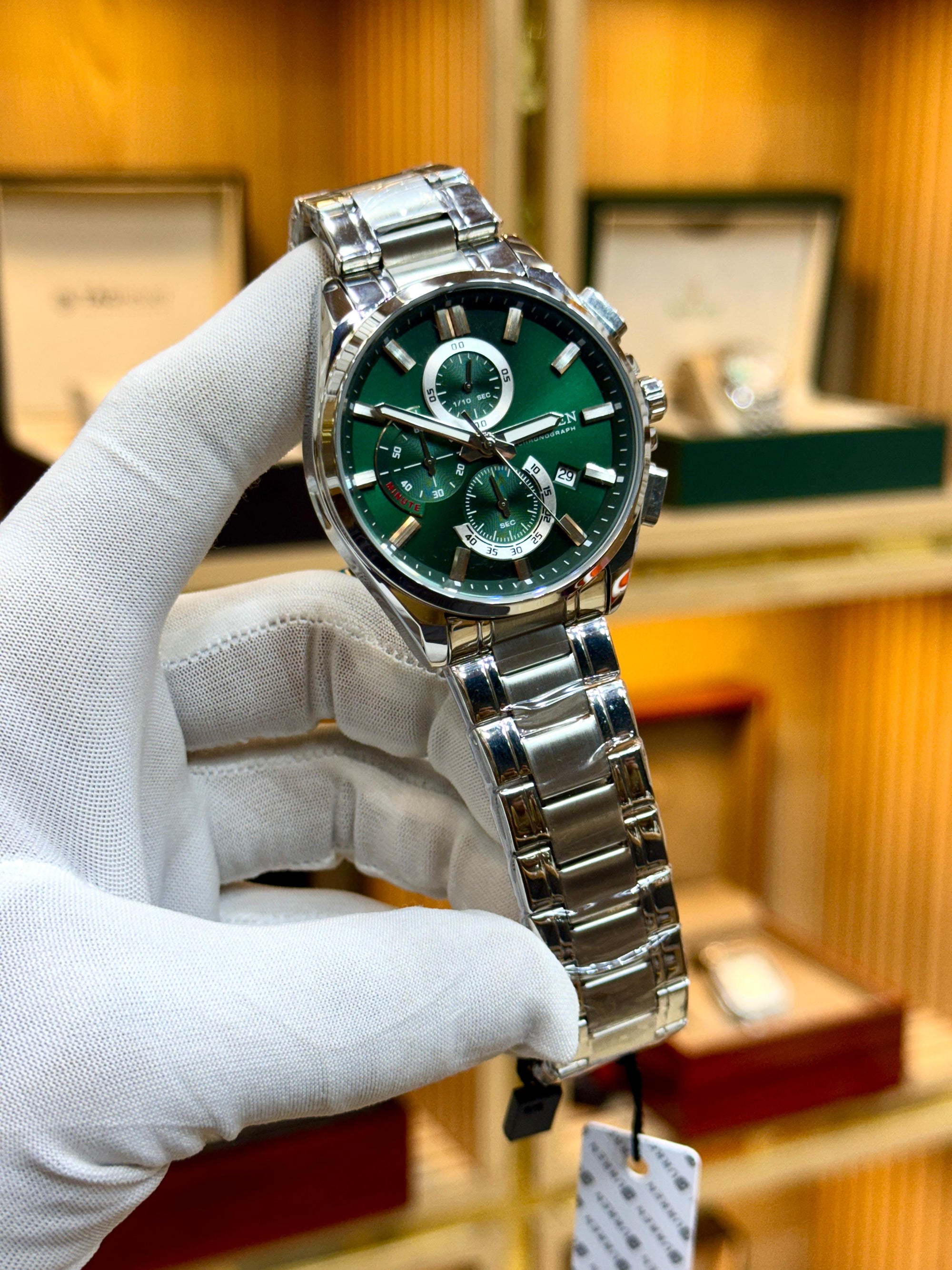 CURREN Chronograph Men’s Watch Green Dial | Silver Steel Strap(ORIGINAL)