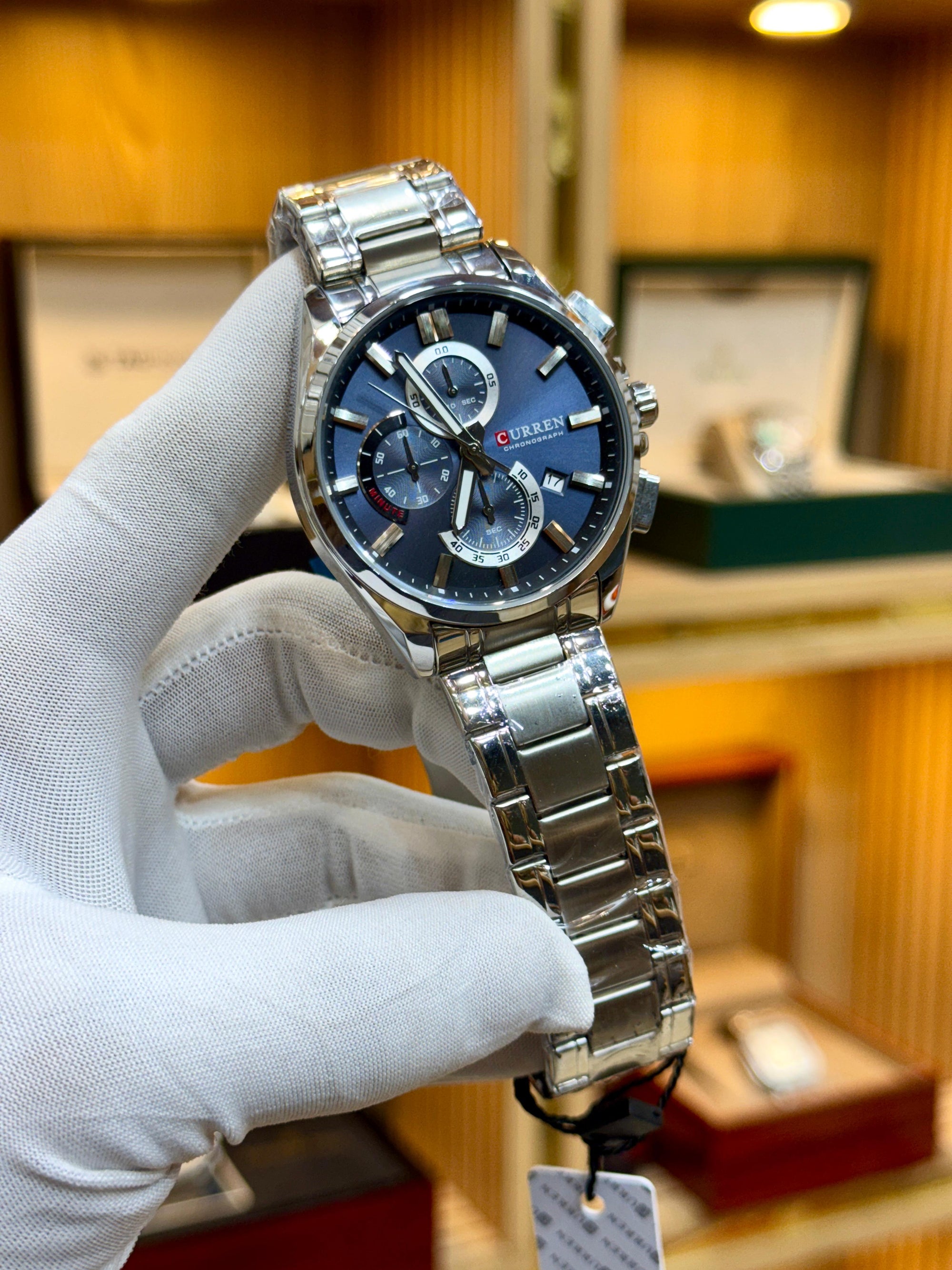 CURREN Chronograph Men’s Watch Deep Blue Dial | Silver Steel Strap