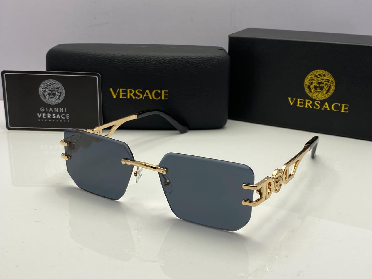 Versace Rimless Square Sunglasses Gold Temples | Black | Medusa Detailing