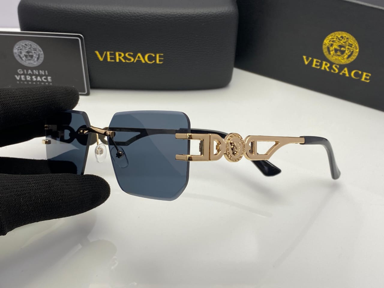 Versace Rimless Square Sunglasses Gold Temples | Black | Medusa Detailing