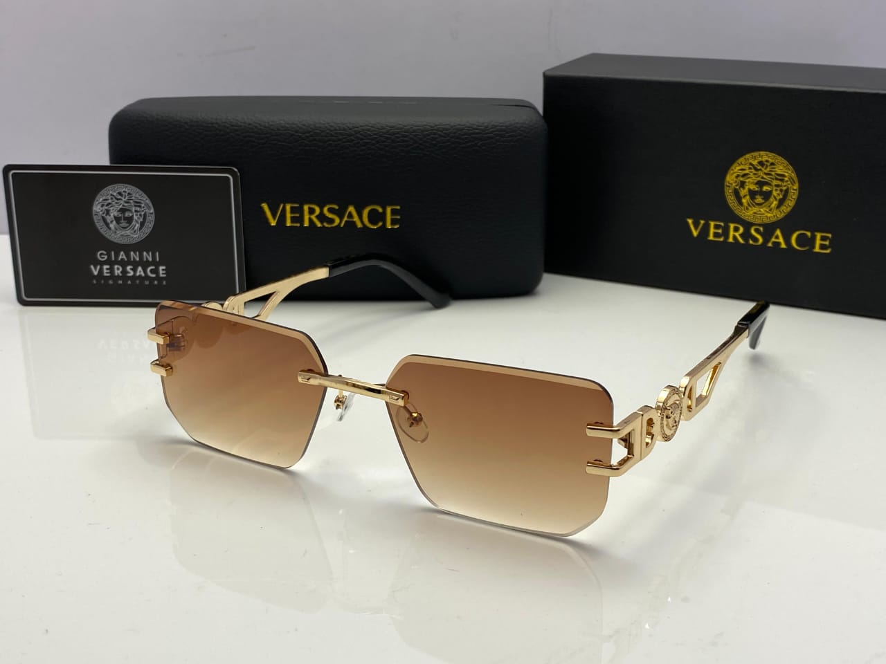 Versace Rimless Square Sunglasses Gold Temples | Gradient Brown | Medusa Detailing