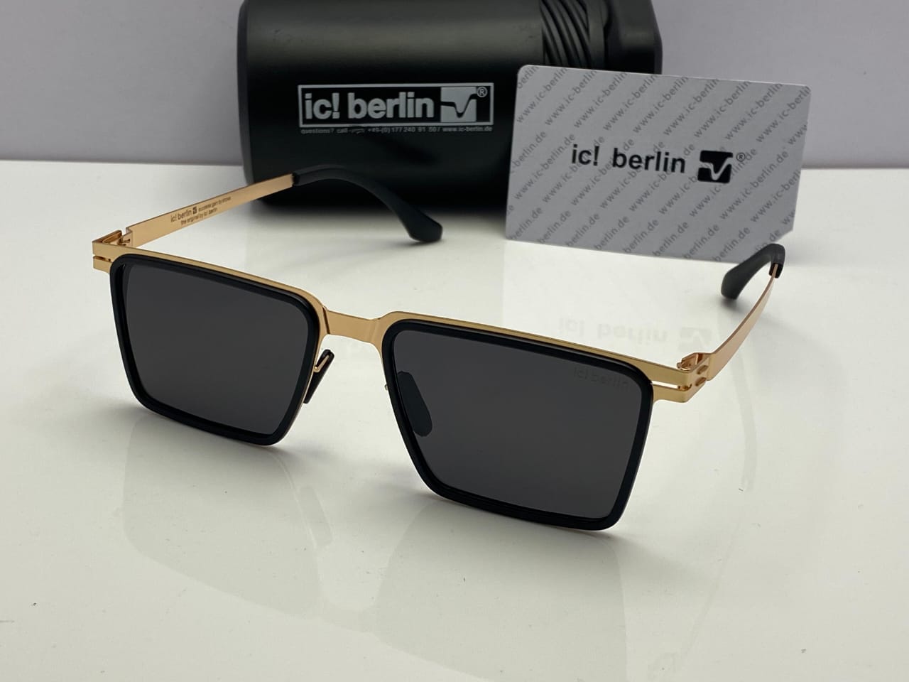 ic! berlin Rectangle Sunglasses Golden Black Frame | Black Lenses