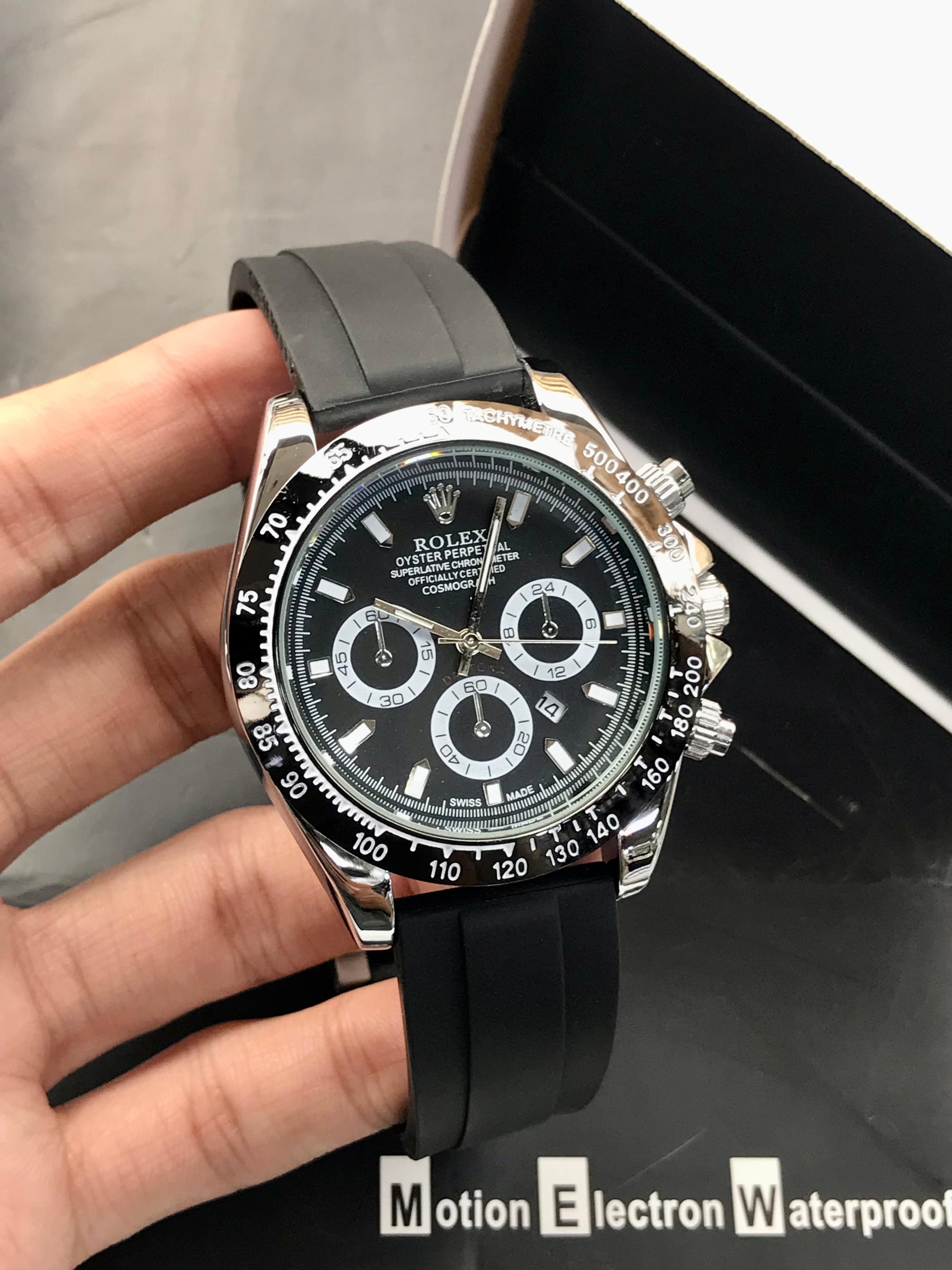 Rolex Daytona Chronograph Black Dial | Silver Case | Silicone Strap