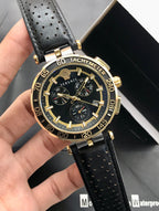 Versace Prestige Sport Chrono Watch Black & Gold Case | Leather Strap | Chronograph Dial