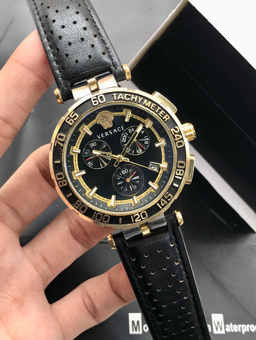 Versace Prestige Sport Chrono Watch Black & Gold Case | Leather Strap | Chronograph Dial