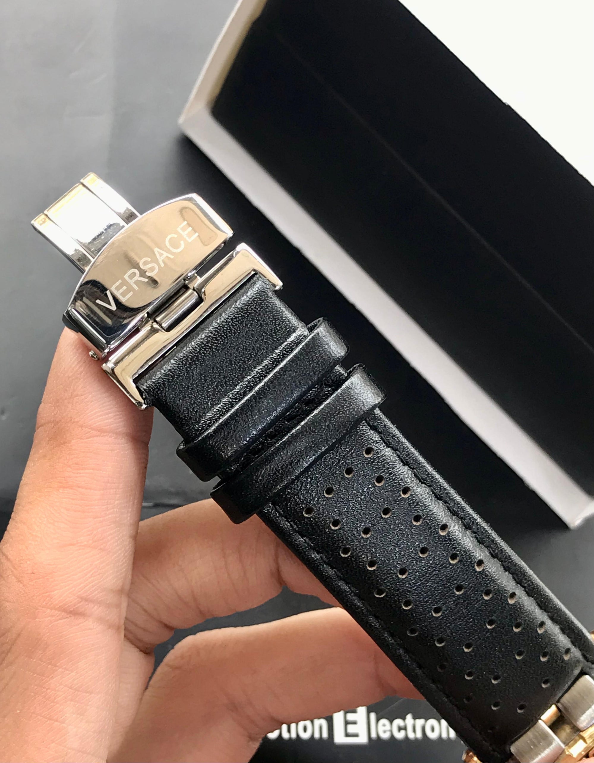 Versace Prestige Sport Chrono Watch Black & Gold Case | Leather Strap | Chronograph Dial