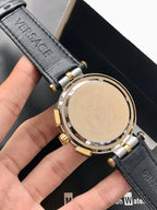 Versace Prestige Sport Chrono Watch Black & Gold Case | Leather Strap | Chronograph Dial