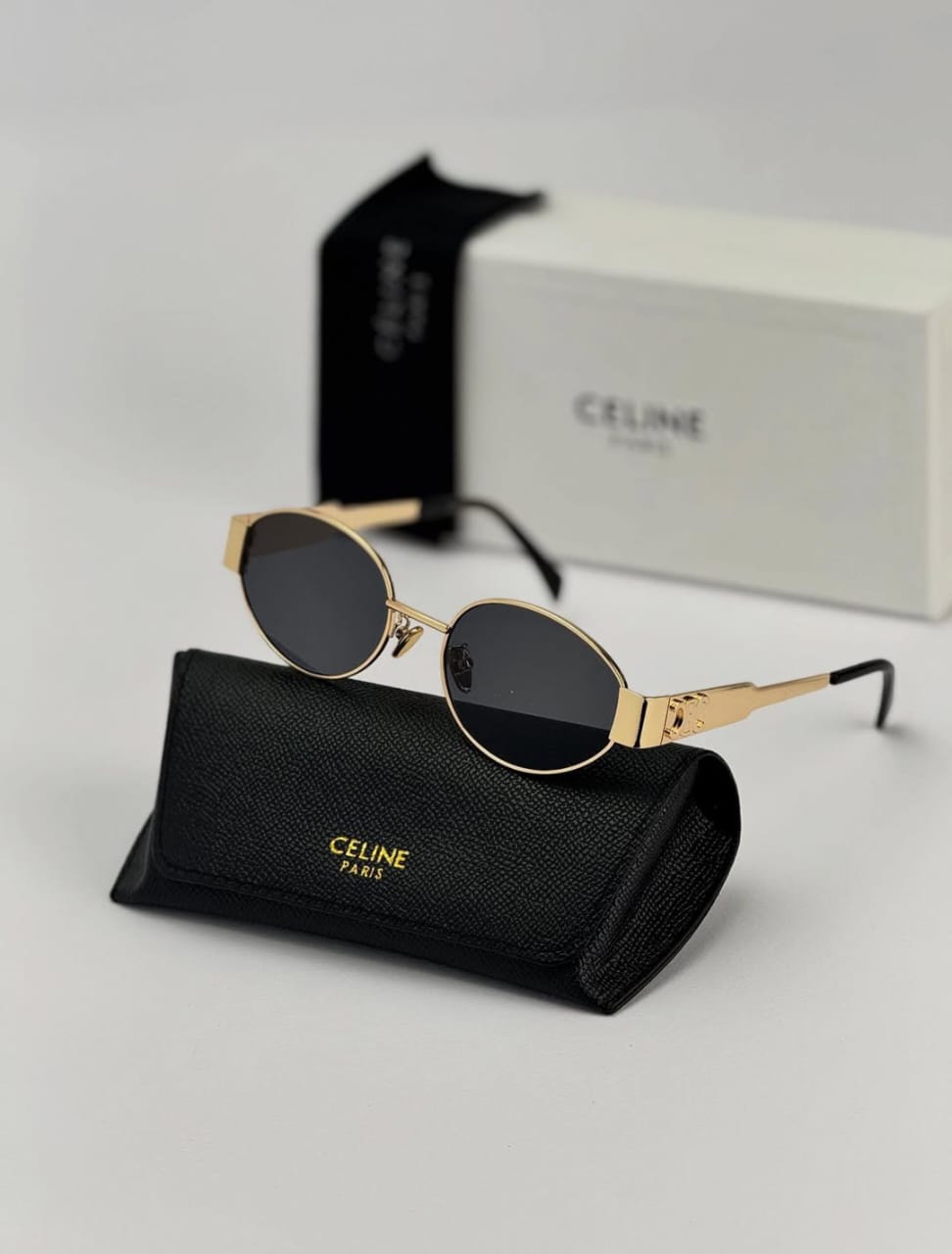 Celine Oval Sunglasses Gold Frame | Black Lenses | Signature Triomphe Temples