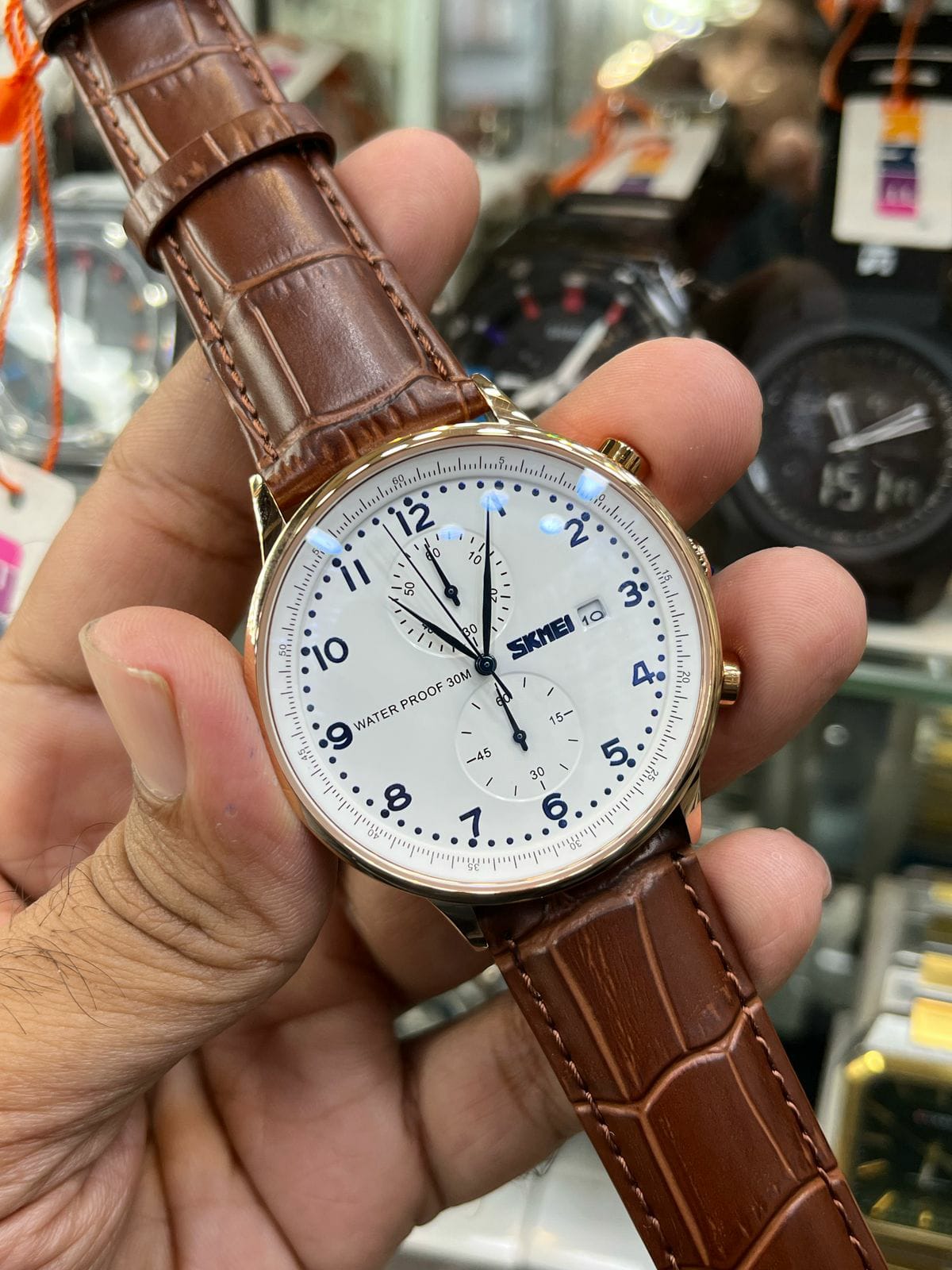 SKMEI Chronograph Men’s Watch White Dial | Leather Strap