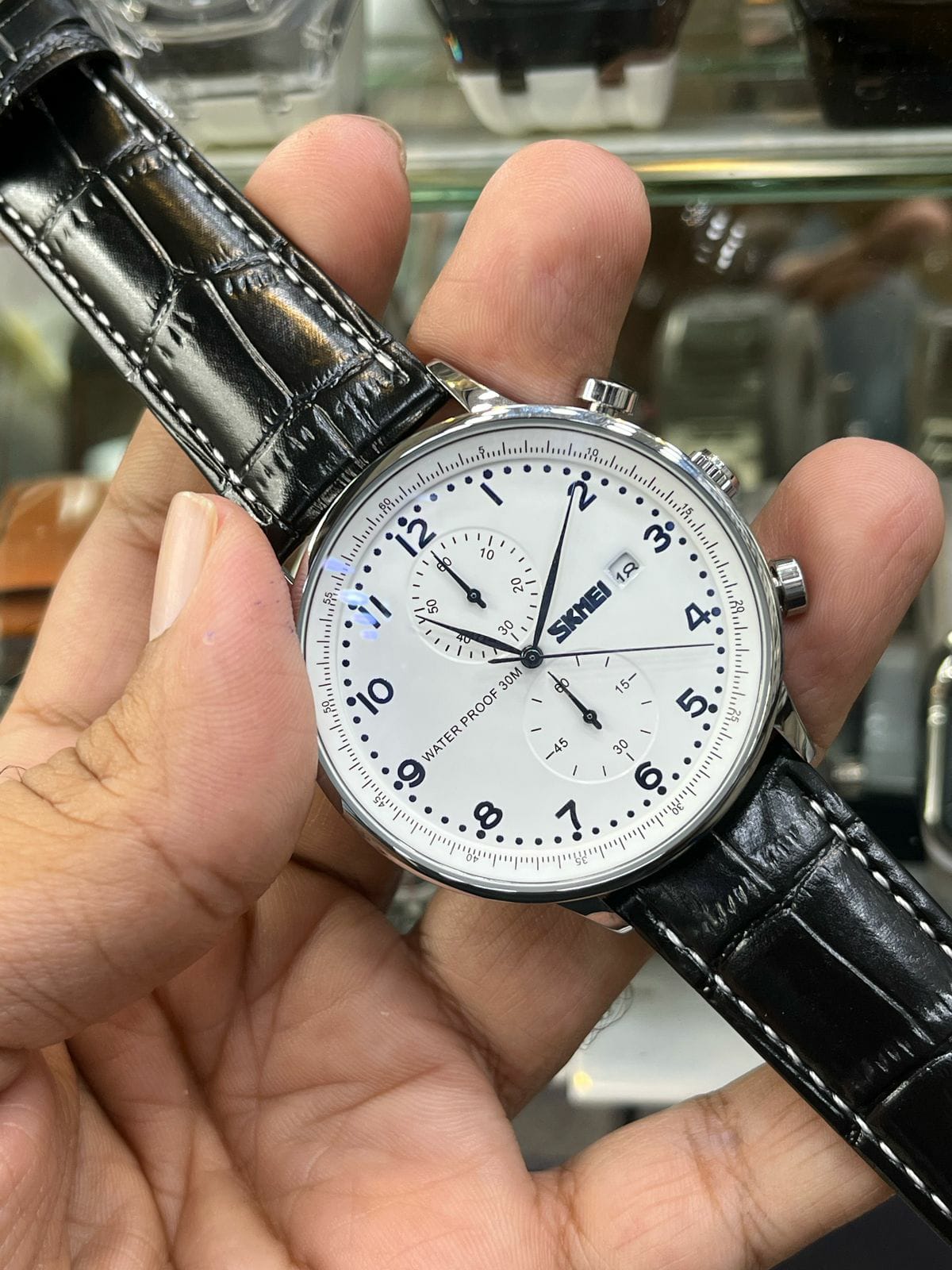 SKMEI Chronograph Men’s Watch White Dial | Leather Strap