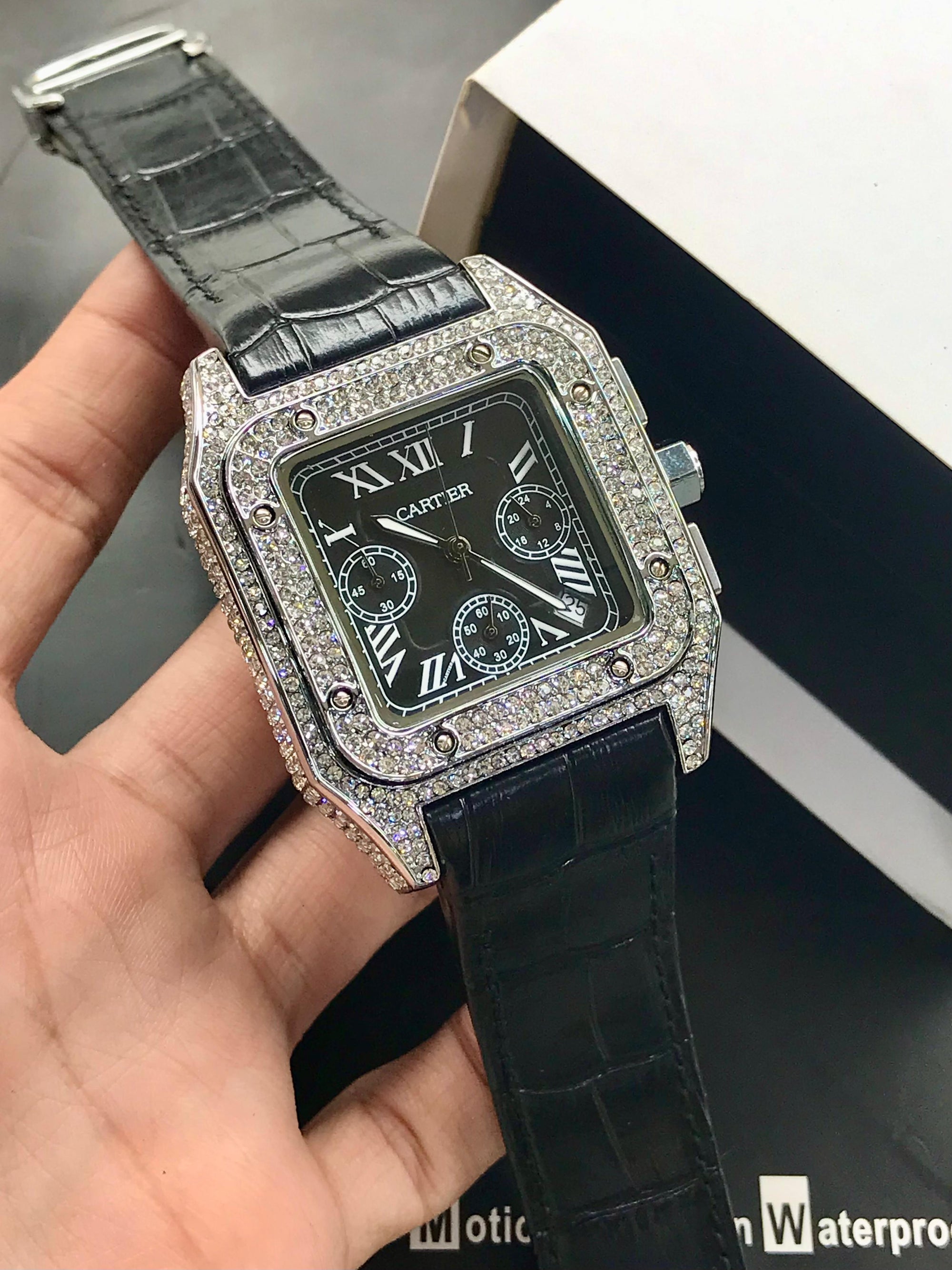 Cartier Santos Men’s Chronograph Diamond-Stone Case | Leather Strap | Luxury Edition