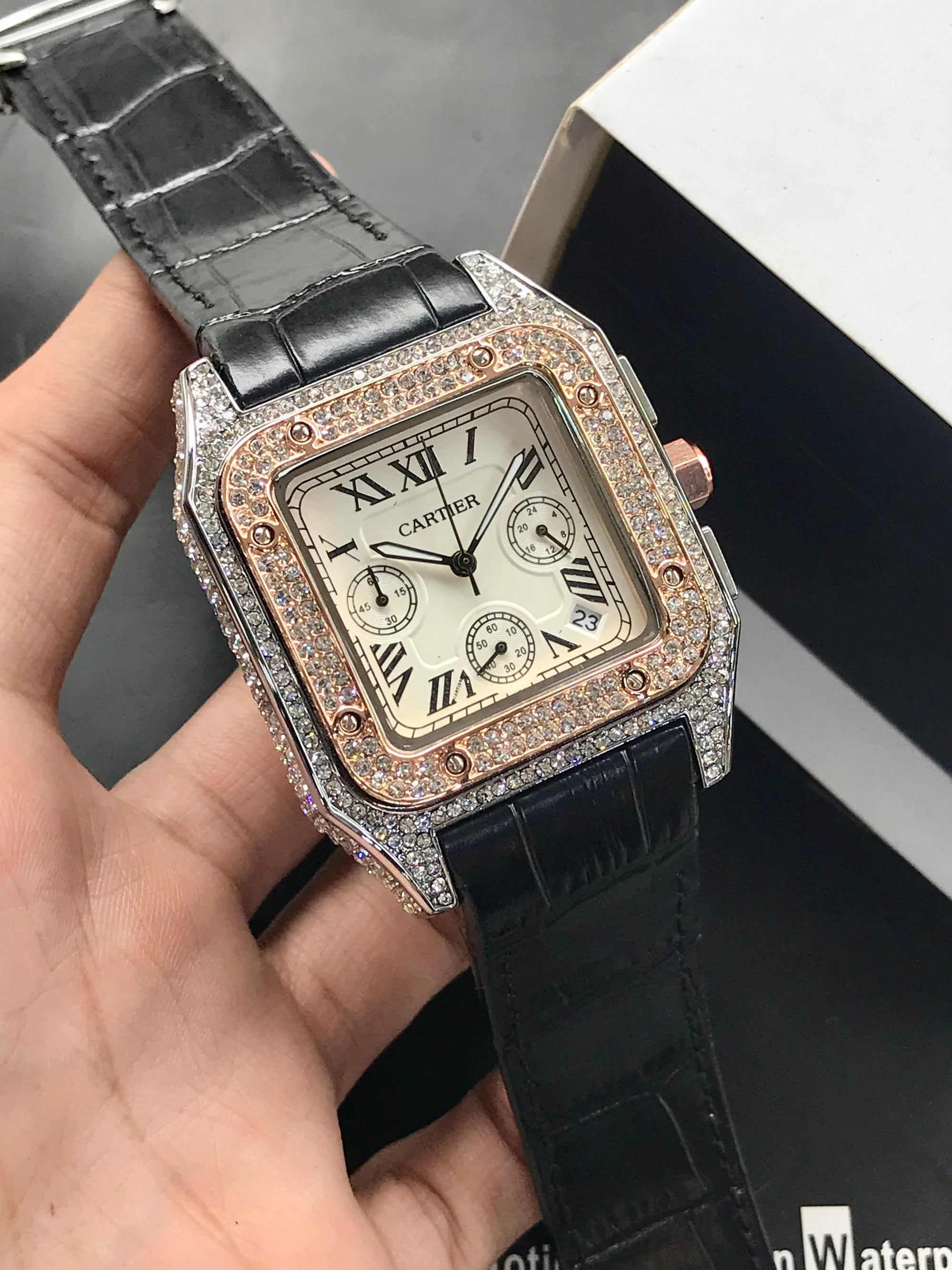 Cartier Santos Men’s Chronograph Diamond-Stone Case | Leather Strap | Luxury Edition