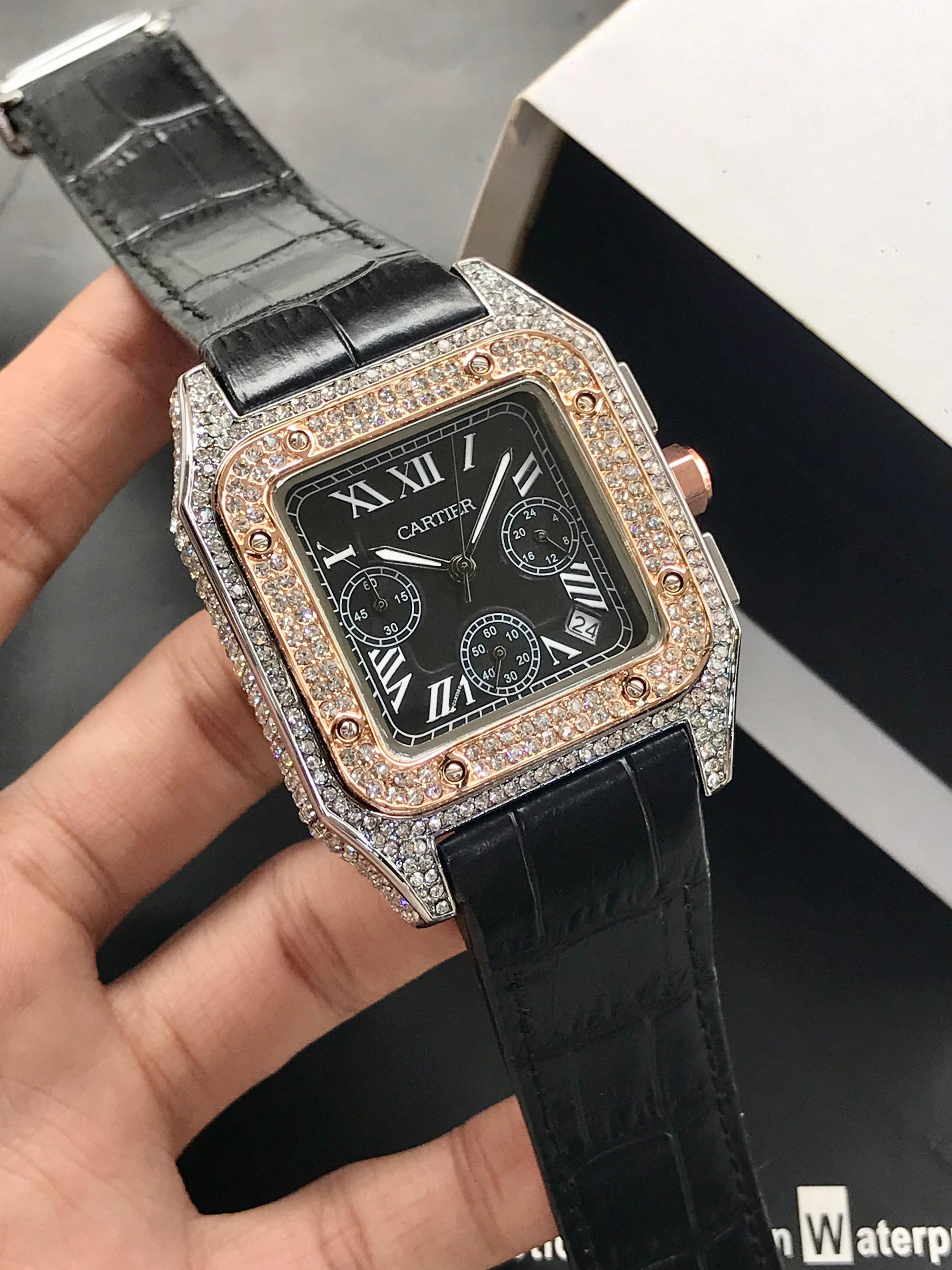 Cartier Santos Men’s Chronograph Diamond-Stone Case | Leather Strap | Luxury Edition