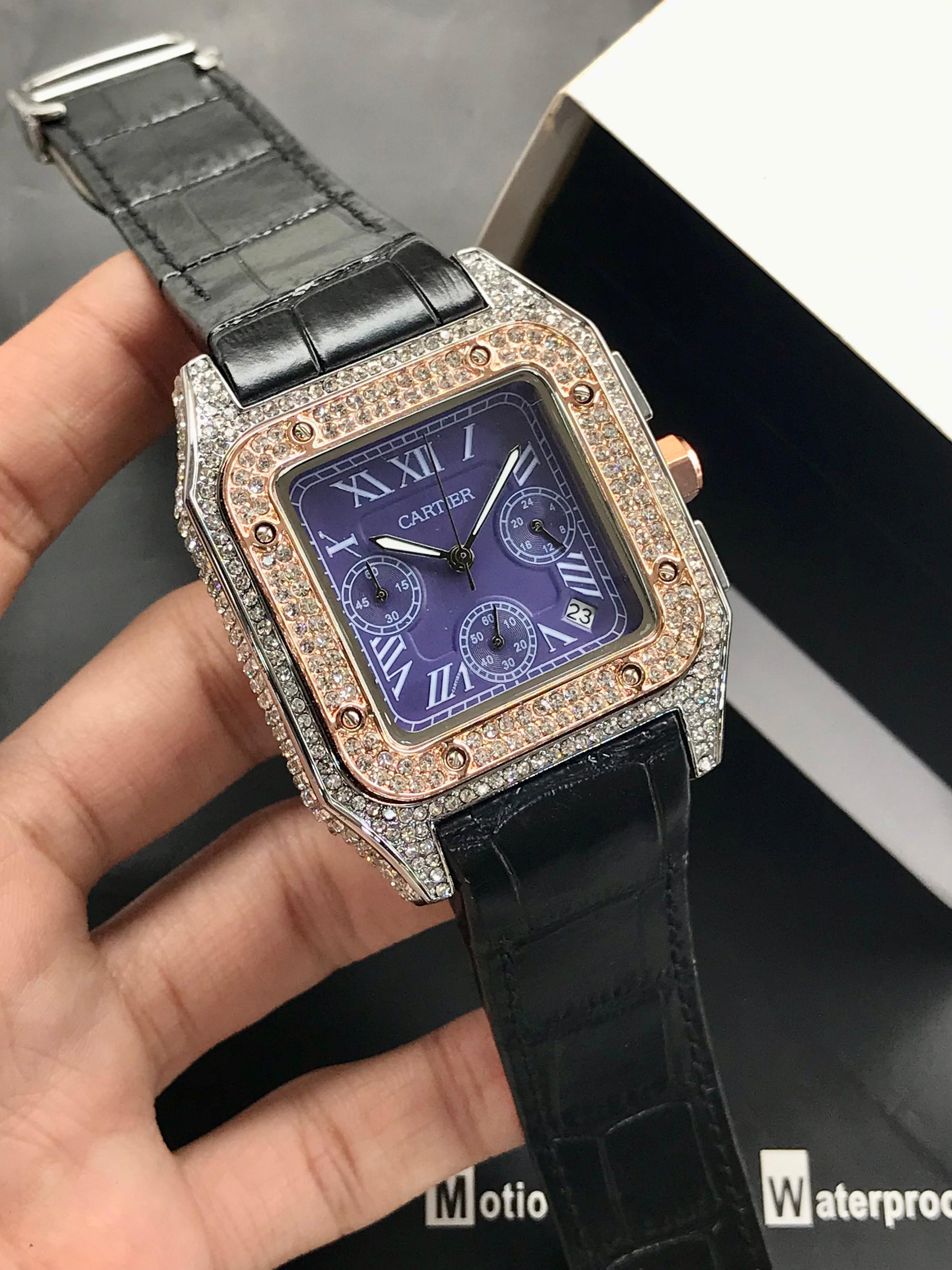 Cartier Santos Men’s Chronograph Diamond-Stone Case | Leather Strap | Luxury Edition