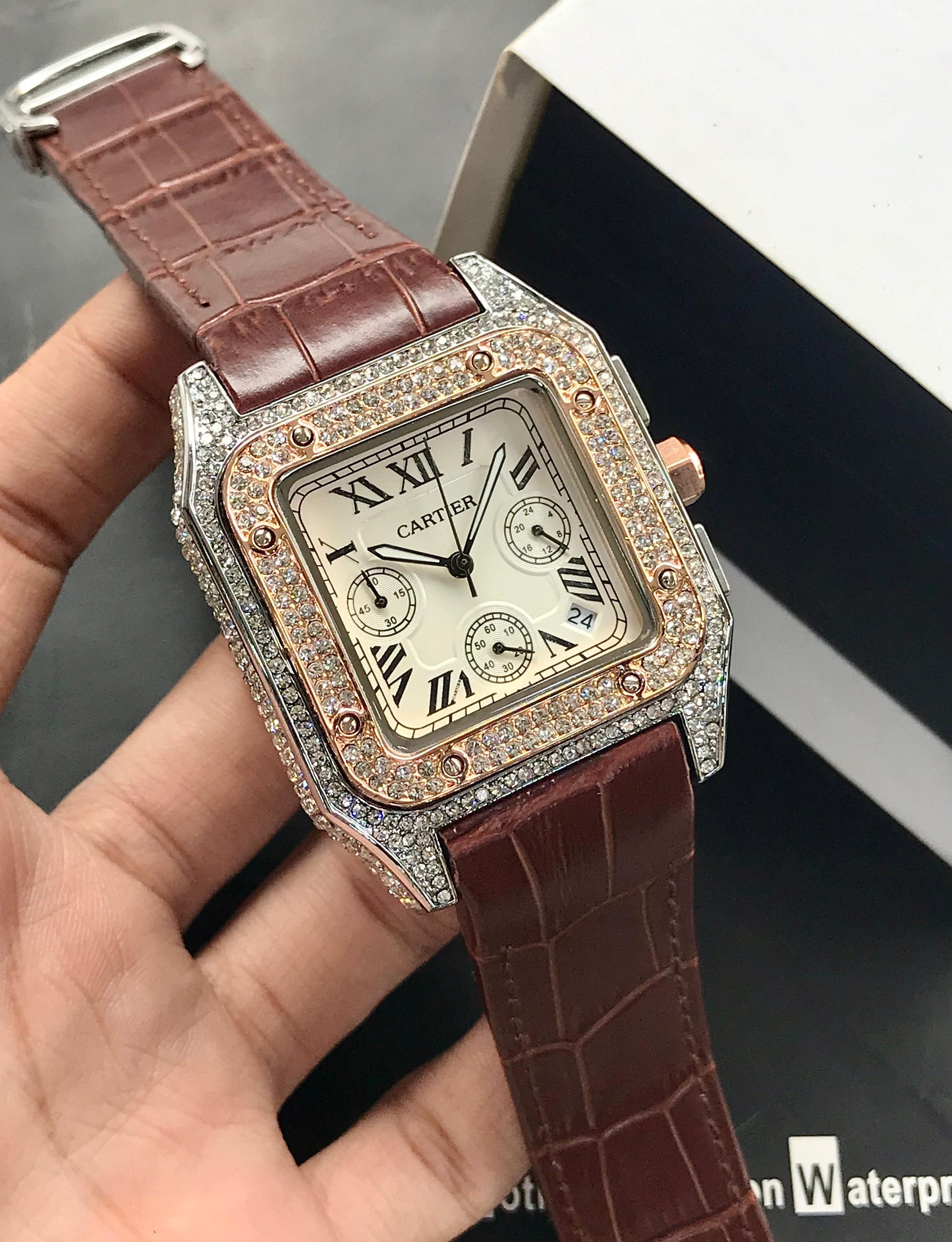 Cartier Santos Men’s Chronograph Diamond-Stone Case | Leather Strap | Luxury Edition