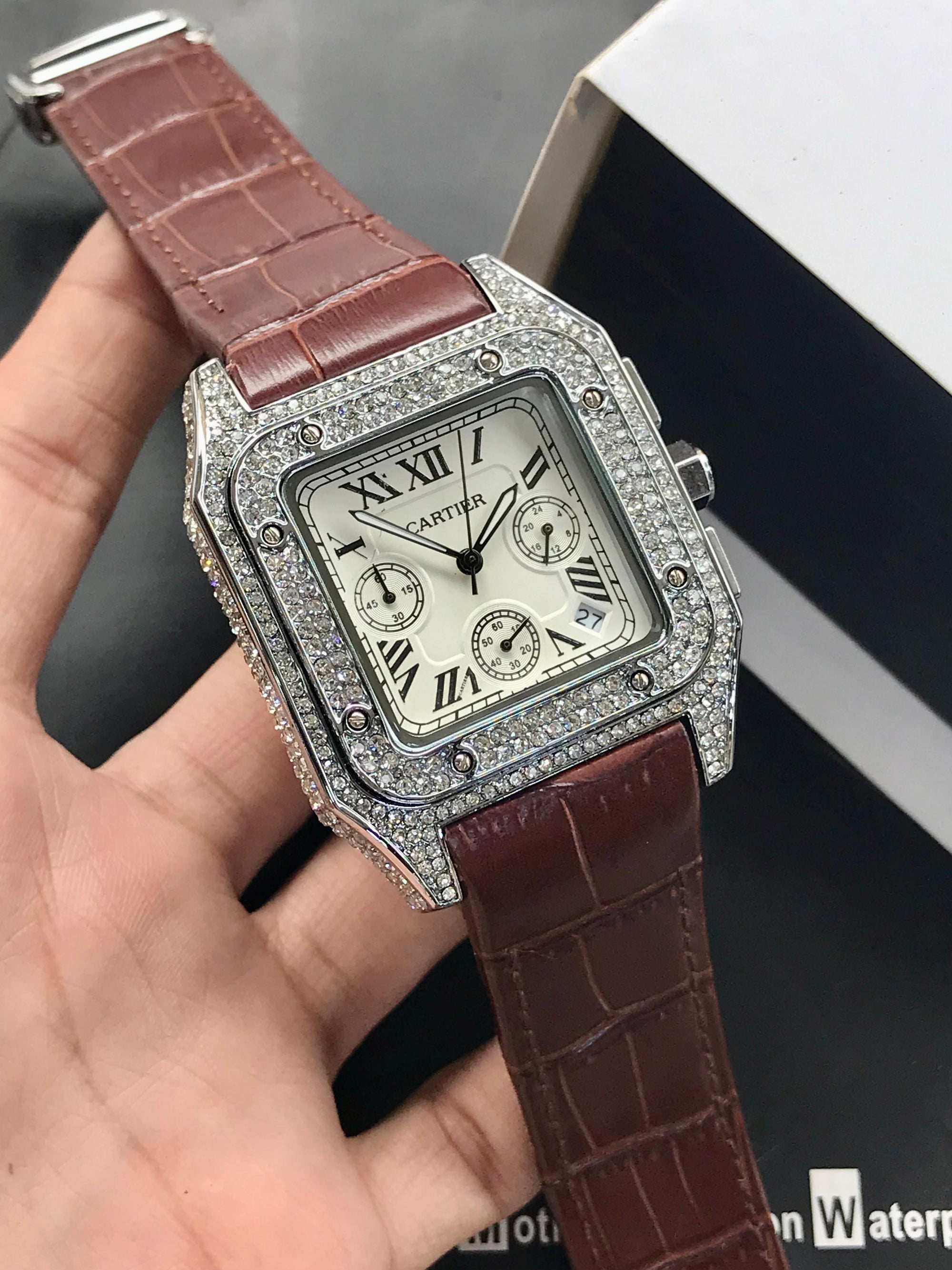Cartier Santos Men’s Chronograph Diamond-Stone Case | Leather Strap | Luxury Edition