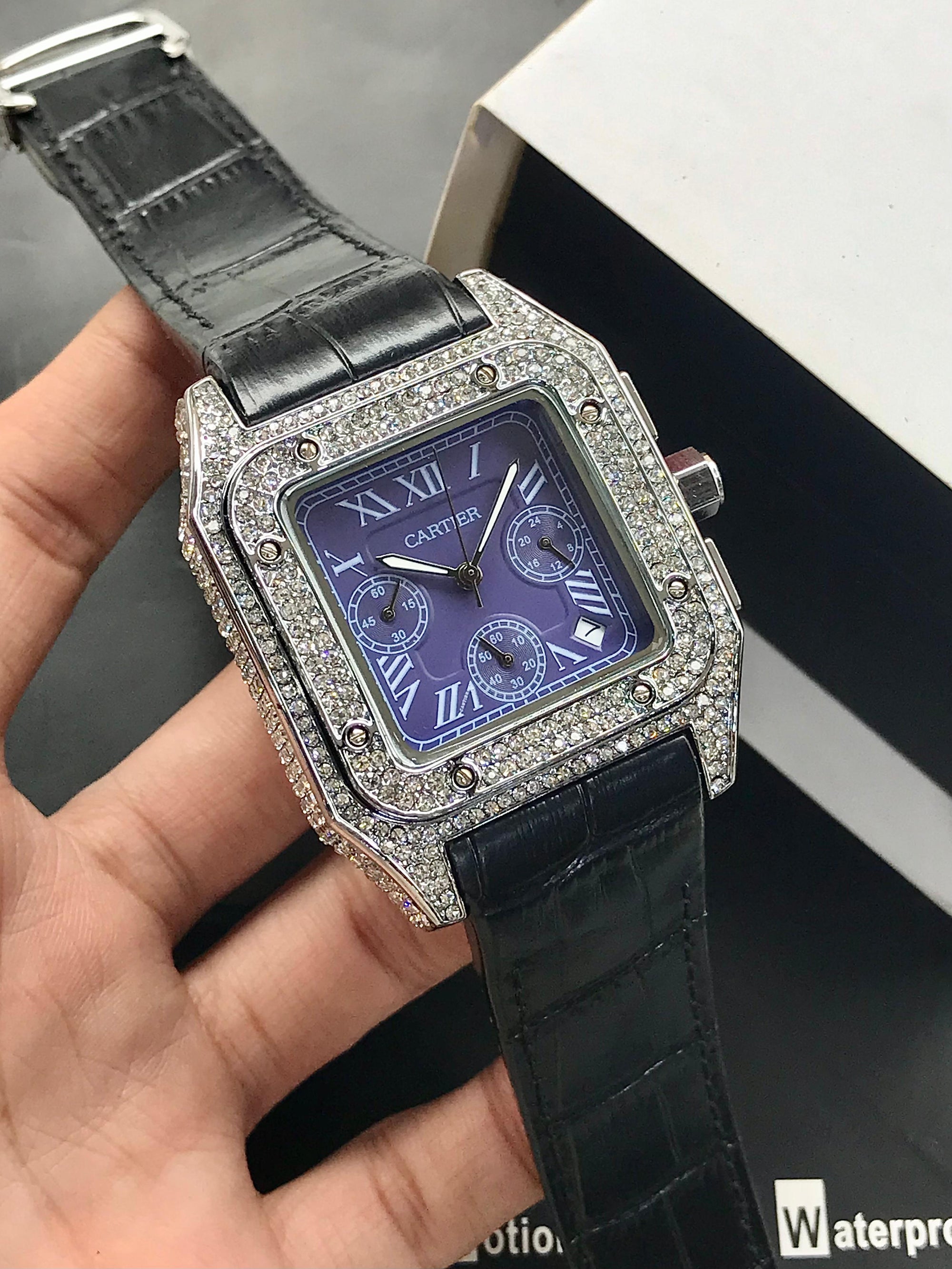 Cartier Santos Men’s Chronograph Diamond-Stone Case | Leather Strap | Luxury Edition