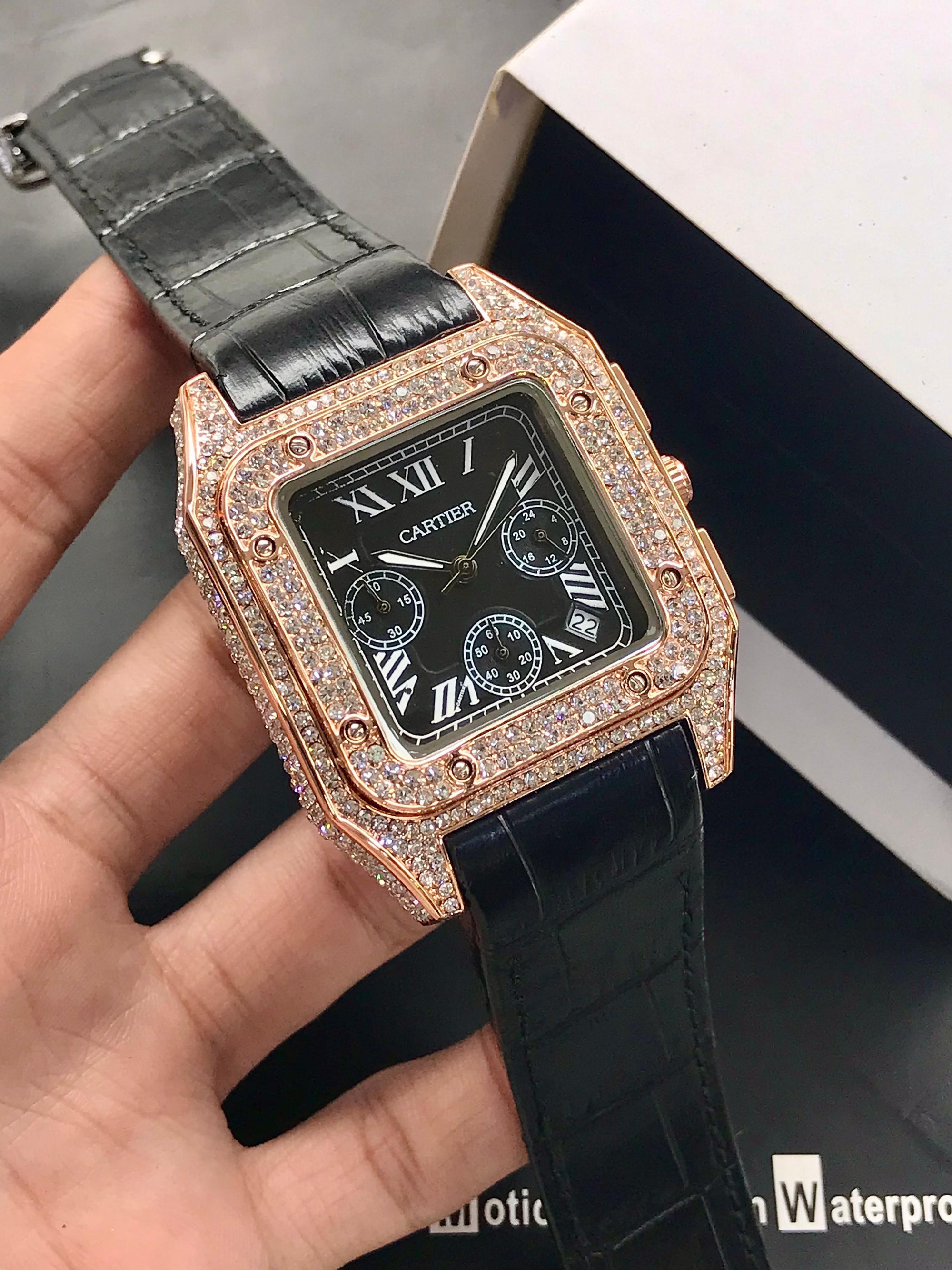 Cartier Santos Men’s Chronograph Diamond-Stone Case | Leather Strap | Luxury Edition