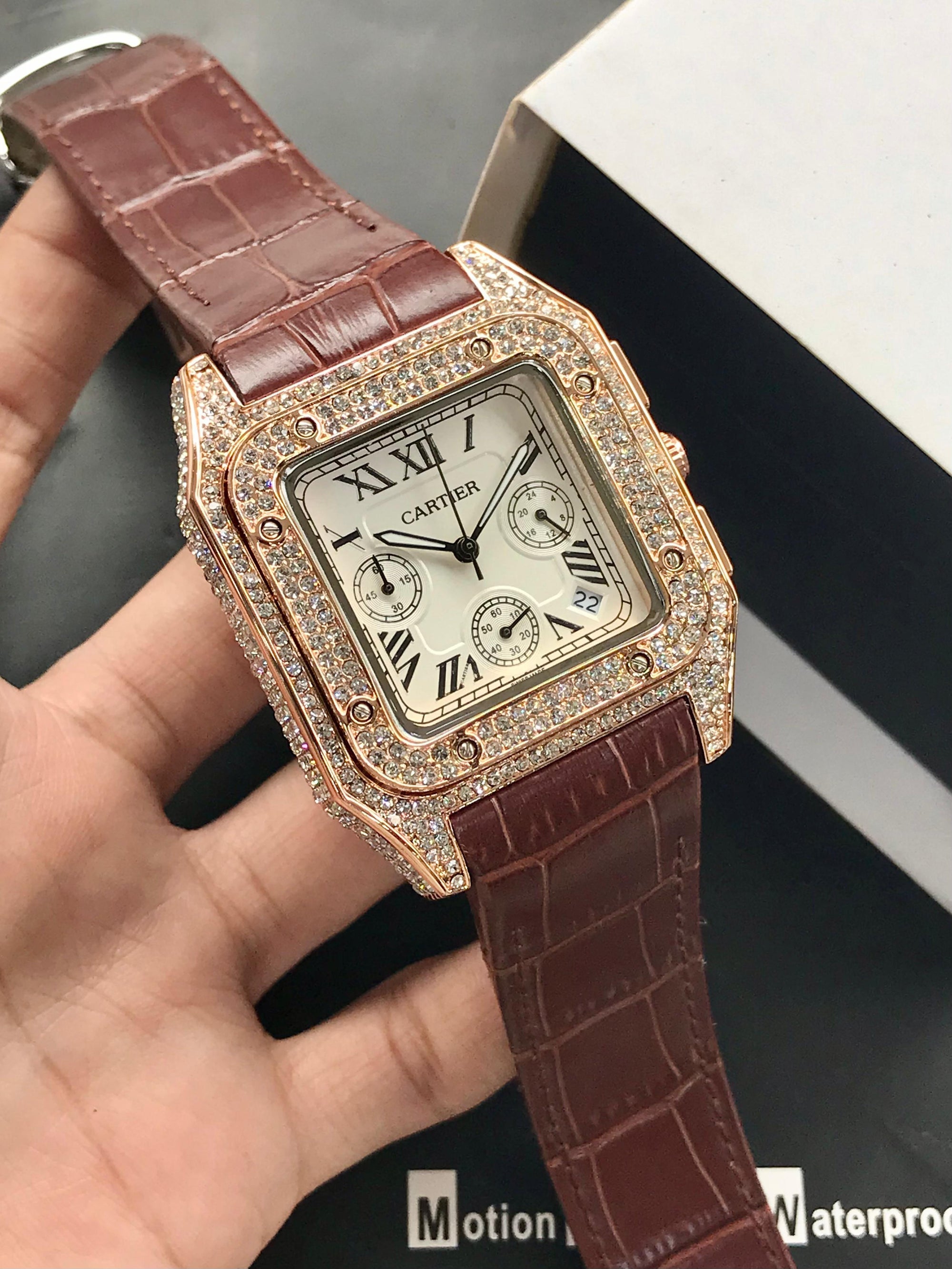 Cartier Santos Men’s Chronograph Diamond-Stone Case | Leather Strap | Luxury Edition