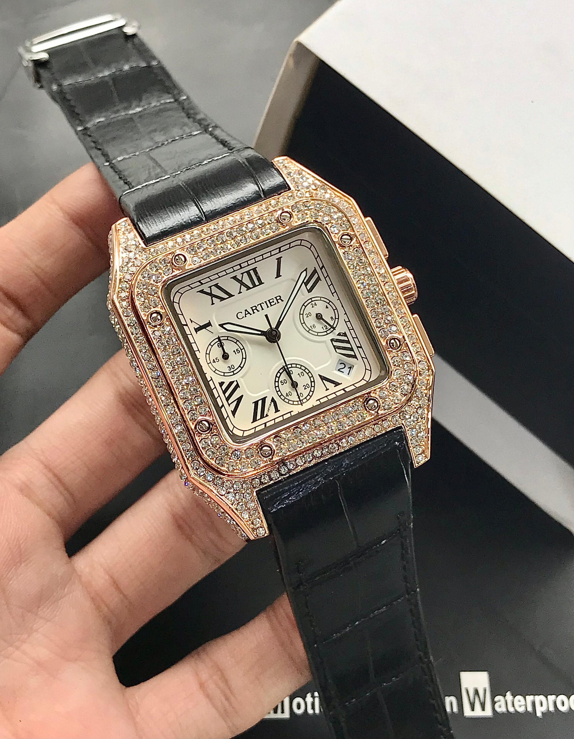 Cartier Santos Men’s Chronograph Diamond-Stone Case | Leather Strap | Luxury Edition