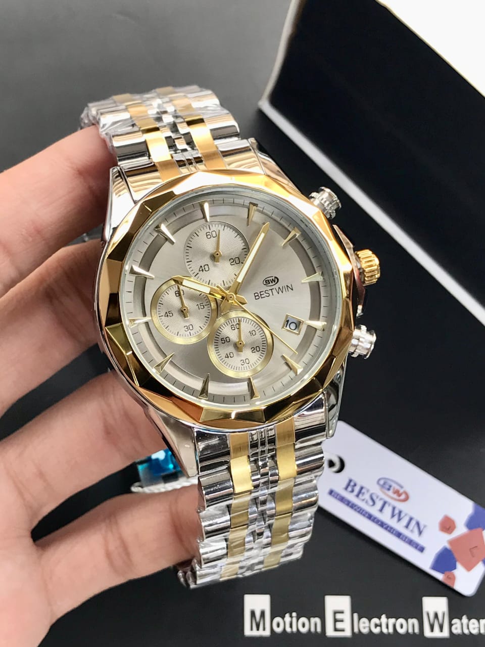 BESTWIN Men’s Chronograph Cut Bezel | Dual-Tone Stainless Steel Chain