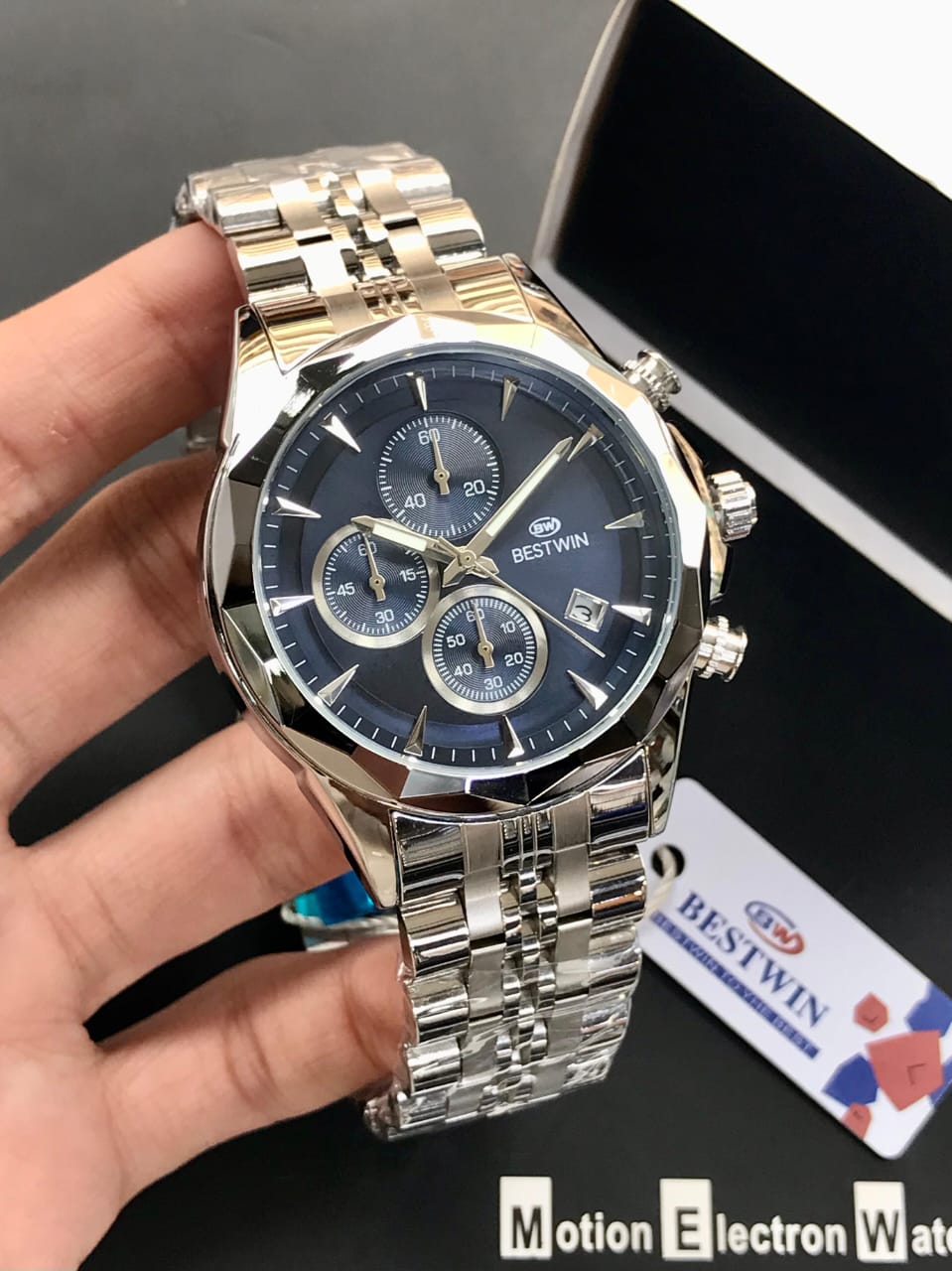 BESTWIN Men’s Chronograph Cut Bezel | Silver-Tone Stainless Steel Chain