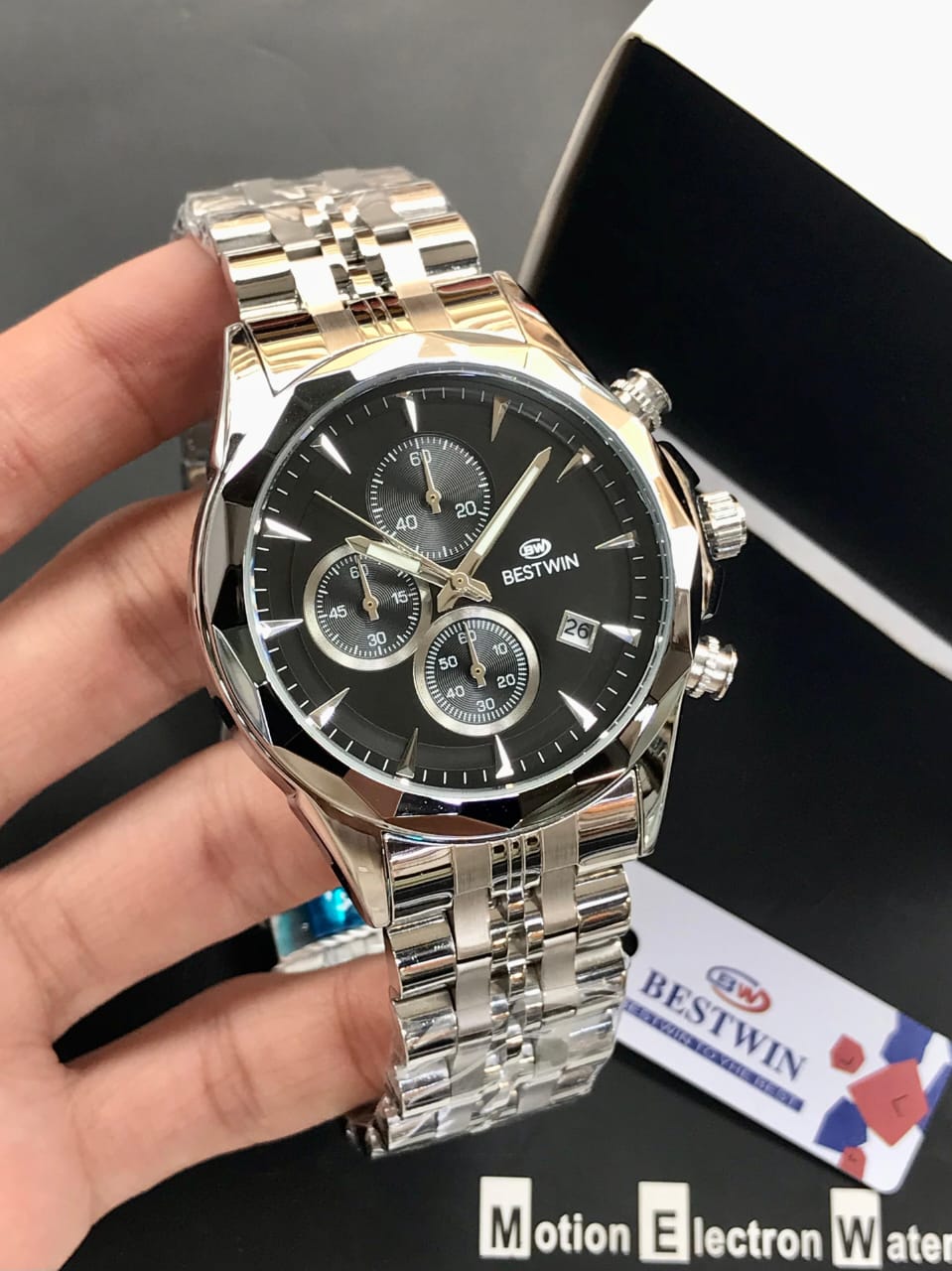 BESTWIN Men’s Chronograph Cut Bezel | Silver-Tone Stainless Steel Chain