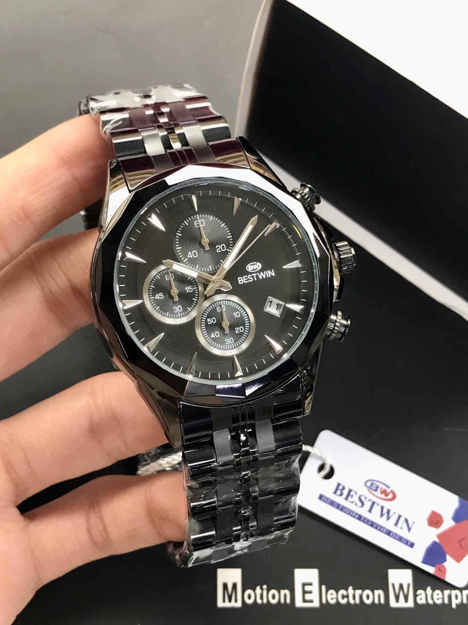 BESTWIN Men’s Chronograph Cut Bezel | Black Stainless Steel Chain