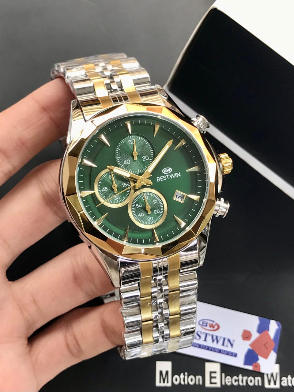 BESTWIN Men’s Chronograph Cut Bezel | Dual-Tone Stainless Steel Chain